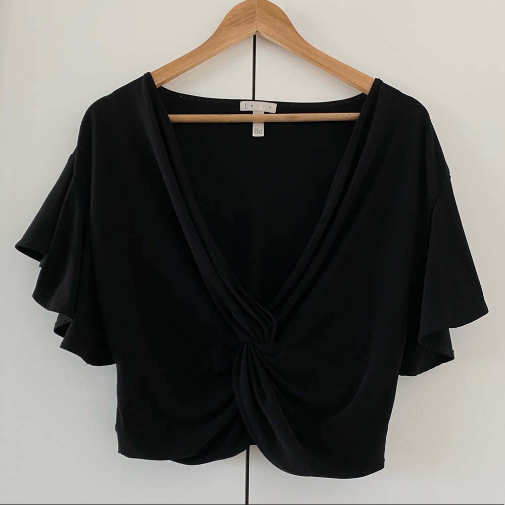 Urban Outfitters | Black Front Knot V neck Flutter Sleeve Top | Size Sm